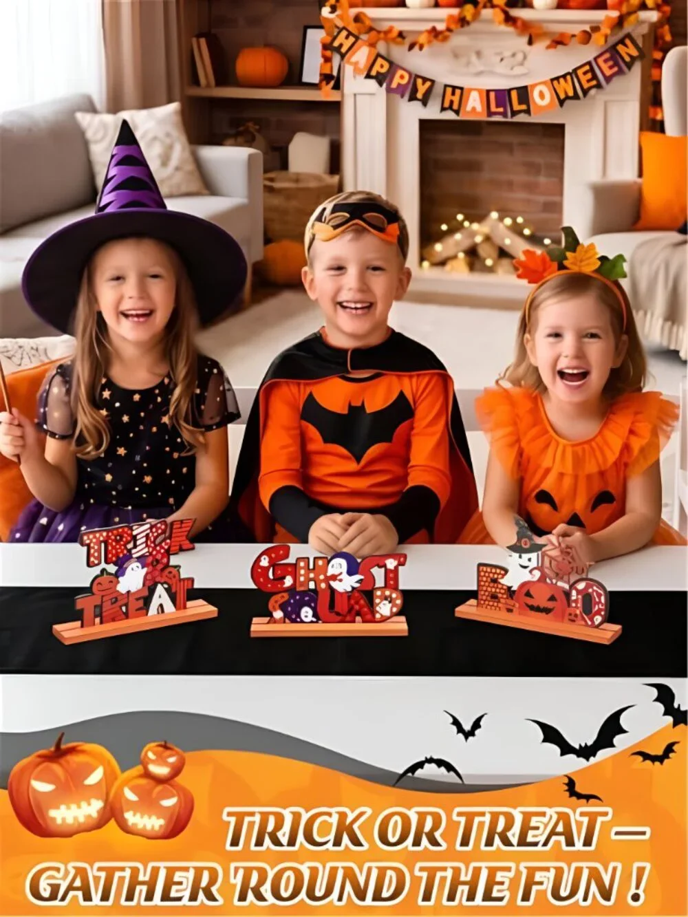 3Pcs Wood Vintage Halloween Sign Table Centerpiece, Desk Decorations Indoor